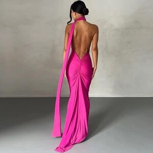 Elegant Pink Halter Backless Dress